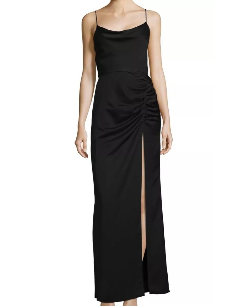 Betsy & Adam Black Column Evening Gown Satin Sleeveless Thigh Slit Dress Size 12